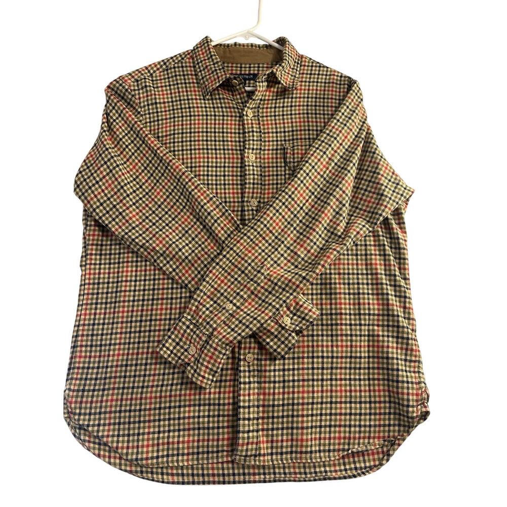 Cremieux Men’s Large Plaid Flannel Shirt Button Front Long Sleeve Tan Red Blue